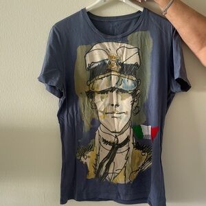 Ice Navy Graphic Tee with Artistic Portrait - Short Sleeve